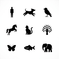 Set of Black Silhouette Icons of People and Animals on White Background