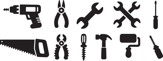 Obraz premium Collection of black silhouettes of various hand tools and power tools
