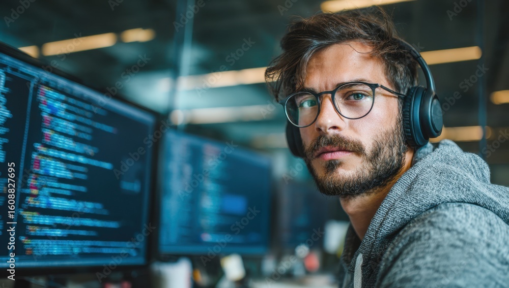 Aufkleber focused professional wearing headphones looks intently at the camera while working with code on mult