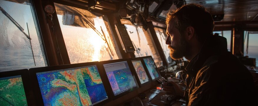 Focused navigator on a ship's bridge monitors screens as the sun breaks through the horizon offering a sense of adventure and precision.