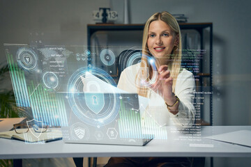 Innovative Woman Using Futuristic Virtual Touchscreen Interface for Cybersecurity and Data Visualization with Advanced Technology Holograms..