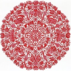 Beautifully symmetrical paper-cut mandala in traditional Chinese folk art style, featuring delicate floral and animal motifs in vibrant red against a pure white background.