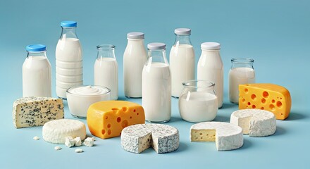 Fresh Dairy Products Milk Bottles Cheese Pastel Background