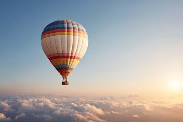 Fototapeta premium hot air balloon floats gracefully against stunning sunset backdrop surrounded by soft clouds