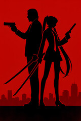 Black silhouettes of a man and Hatsune Miku, standing back to back armed with pistols and katanas on a red city background. Graphic illustration in anime style
