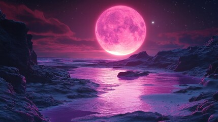Pink moonlit alien shoreline