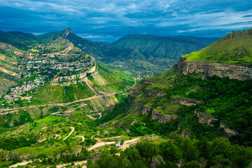 Dramatic landscape of the picturesque Gunib plateau in stormy weather on the Dagestan highlands. North Caucasus. Russia