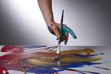 Artist's paint-covered hand creating vibrant abstract art with a brush on canvas