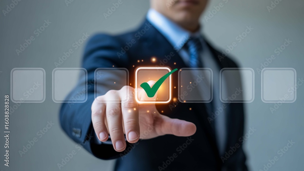 Poster businessman s touch activates digital checklist signifying project completion confirmation selection
