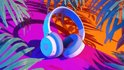 Fototapeta premium Stylish headphones nestled amongst vibrant palm leaves
