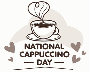 National Cappuccino Day illustration with coffee cup heart shaped steam and hearts for social media posts and banners