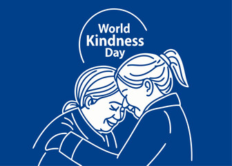 World Kindness Day illustration with two women hugging each other in a blue and white color scheme