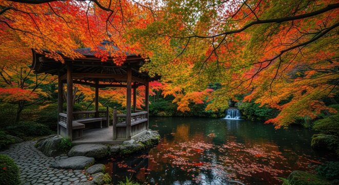 Autumnal Japanese garden gazebo by a pond