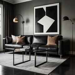 A luxurious modern living room featuring a black leather sofa, geometric abstract art, and minimalist floor lamps against dark gray walls.