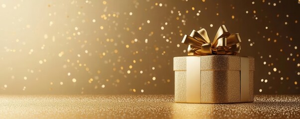 Golden gift box with ribbon on wooden floor and curtains background.