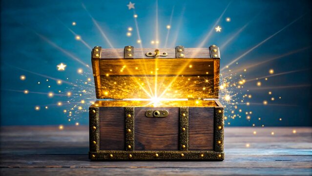  Open wooden treasure chest with glowing magical light and sparkles