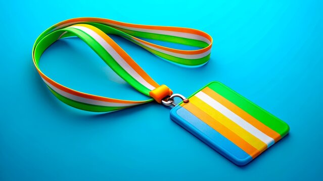 Colorful badge with lanyard displayed on a bright blue background for identification purposes