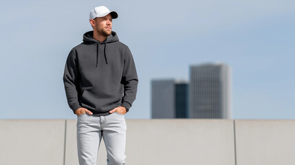 Stylish Young Adult Male Standing Casually in Slim Jeans and Hoodie Holding Smartphone, Engaged in Texting, with Urban Minimalist Background, young man full body, urban streetwear male, modern city