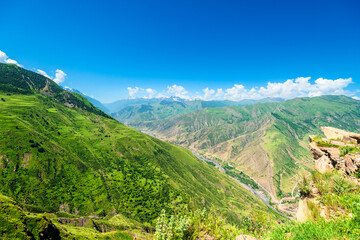 Beautiful view of the Picturesque landscape of the canyon of the mountain river Avarskoe Koisu in the mountains of the North Caucasus