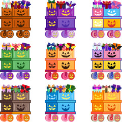 Naklejka premium Cute Halloween Gift Box and Wagon Icon Set – Colorful Decorative Illustrations for Autumn Festivities