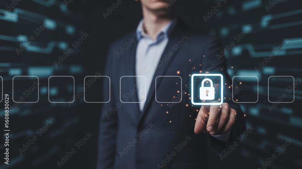 Poster cybersecurity solutions businessman selecting data protection icon for privacy network safety and se