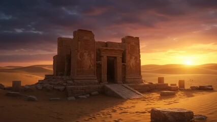 Ancient temple ruins at sunset in a vast desert landscape