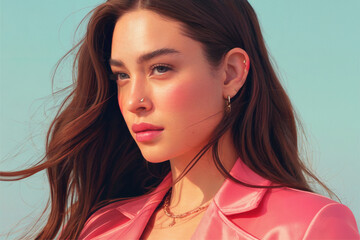Woman with brown hair wearing pink jacket and gold jewelry