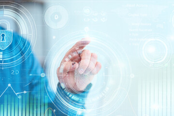 Futuristic Touch Interface Displaying Cybersecurity and Biometric Features, Showcasing Digital Security Innovation and Advanced Technology Solutions for Secure Access, Encryption, 