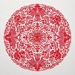 Beautifully symmetrical paper-cut mandala in traditional Chinese folk art style, featuring delicate floral and animal motifs in vibrant red against a pure white background.