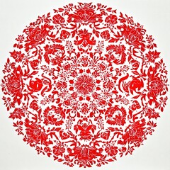 Beautifully symmetrical paper-cut mandala in traditional Chinese folk art style, featuring delicate floral and animal motifs in vibrant red against a pure white background.