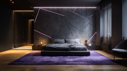A modern bedroom with a dark color scheme, featuring a textured wall with purple accent lighting, a large bed with gray linens, and a purple rug