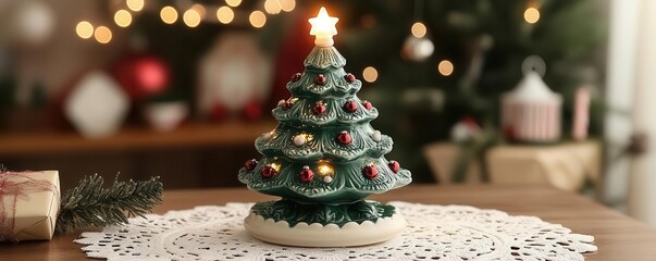 Ceramic Christmas tree with lights on a table with a blurry background.