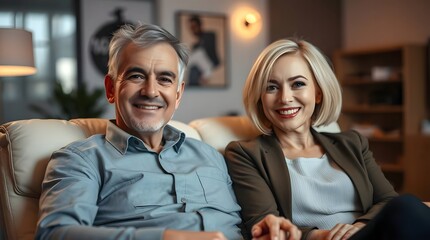 Smiling Middle-Aged Couple on a Leather Recliner in a Home Office