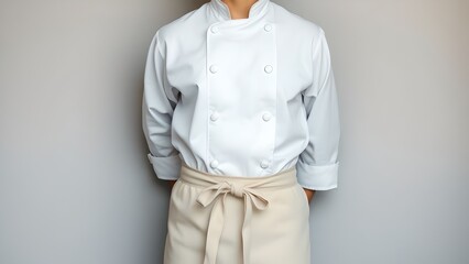 A person in a chefs uniform with a white coat and apron