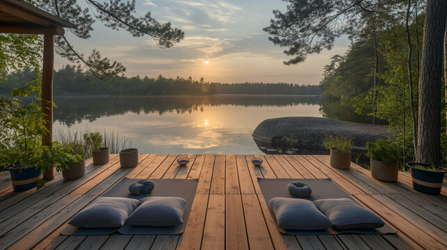 Serene wooden deck with meditation cushions overlooking a tranquil lake at sunrise