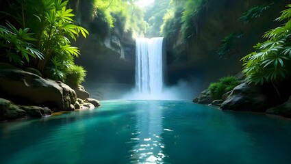 Fototapeta premium Large scenic waterfall cascading through dense green jungle vegetation in a remote tropical forest landscape