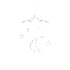 Fototapeta premium Minimalist line art of a hanging moon and stars like a baby mobile, with thin strings and gentle curves. Black ink lines