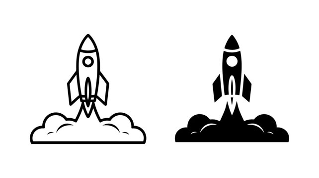 Startup Rocket Launch Icons: Outline and Solid Black Vector Graphics for Business Success and Innovation.
