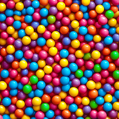 A bowl of colorful, vibrant candies in a bright color palette, including reds and yellows, filled with chocolate candy shaped like small round pieces. The transparent background
