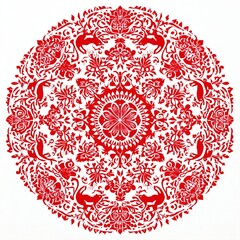 Beautifully symmetrical paper-cut mandala in traditional Chinese folk art style, featuring delicate floral and animal motifs in vibrant red against a pure white background.