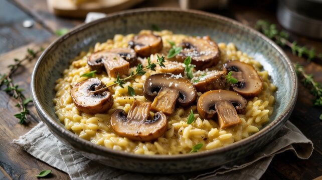 Orzo risotto with sauce and garnished with fried mushrooms. Fresh thyme sprigs are scattered all over the dish. A light sprinkle of grated parmesan melts delicately on the surface.