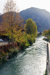 View of the Aare river at autumn in Interlaken, Switzerland