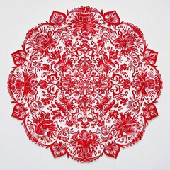 Beautifully symmetrical paper-cut mandala in traditional Chinese folk art style, featuring delicate floral and animal motifs in vibrant red against a pure white background.
