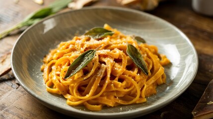 A plate of pasta soaked in nut and squash sauce. The dish is decorated with crispy sage leaves and sprinkled with freshly grated parmesan cheese.
