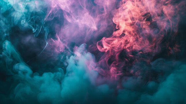 Vibrant swirling clouds of pink and teal smoke abstract background
