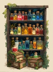 Colorful potions in vintage apothecary shelves
