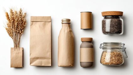 Sustainable packaging design.  Variety of brown kraft paper bags, bottles, and containers.  Wheat or barley