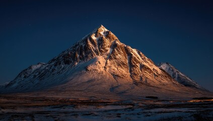 Snowy mountain peak bathed in golden sunrise light