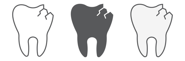 Cracked tooth icon collection, dental and stomatology, broken tooth sign vector graphics, editable stroke linear icon, eps 10