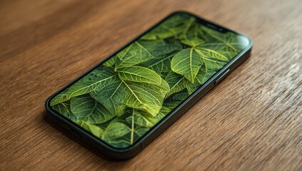 Smartphone displaying a vibrant green leaf image